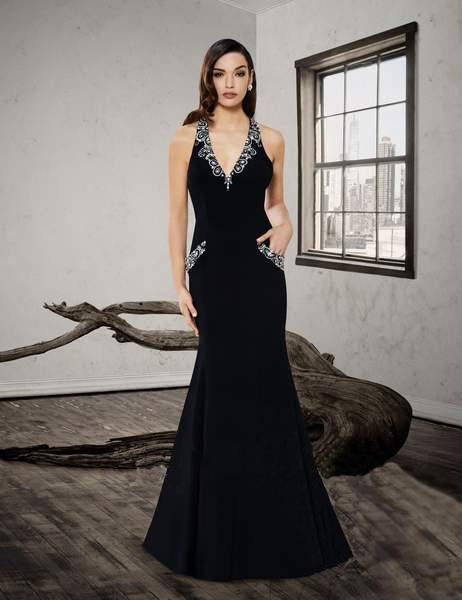 Saboroma - 4220 Embellished Plunging V-neck Trumpet Dress In Black