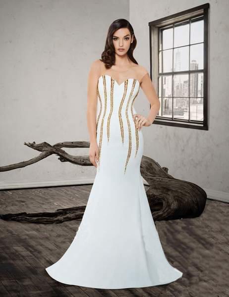Saboroma - 4228 Embellished Illusion Jewel Trumpet Dress In White