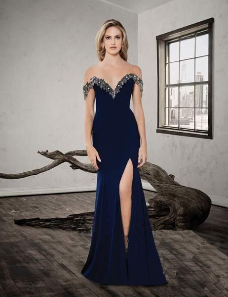 Saboroma - 4264 Beaded Embellished Off Shoulder Gown with front slit In Blue