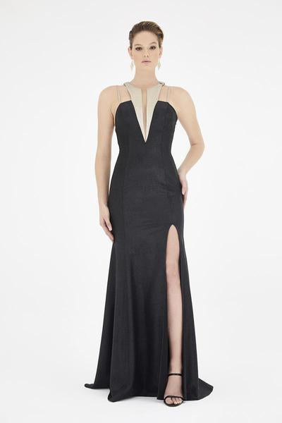 Saboroma - 4282 Halter Neck Trumpet Dress With Train In Black