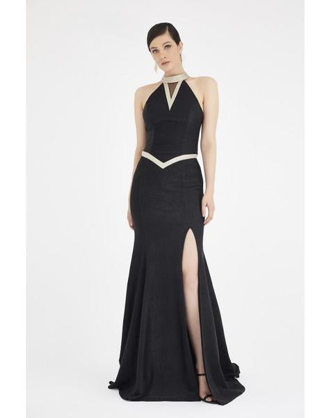 Saboroma - 4281 High Halter Trumpet Dress With Train In Black