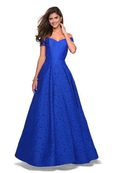 La Femme - 27556 Off-Shoulder Lace Organza A-line Dress In Blue