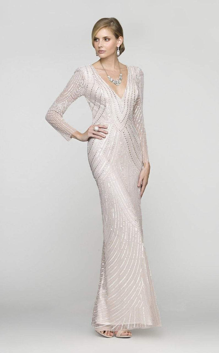 Scala - 48312 V-Neck Beaded Stripes Evening Dress in Pink