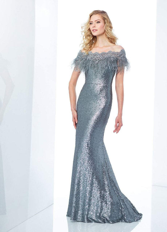 Social Occasions by Mon Cheri - 118888 Off-Shoulder Sequined Gown In Gray and Silver