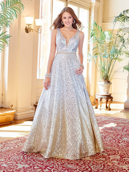 Clarisse - 3589 Sleeveless Sequined Deep V-neck Ballgown in Silver