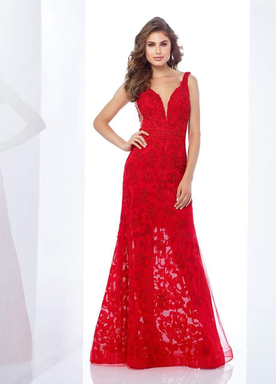 Social Occasions by Mon Cheri - 118883 V-neck Lace A-line Gown In Red