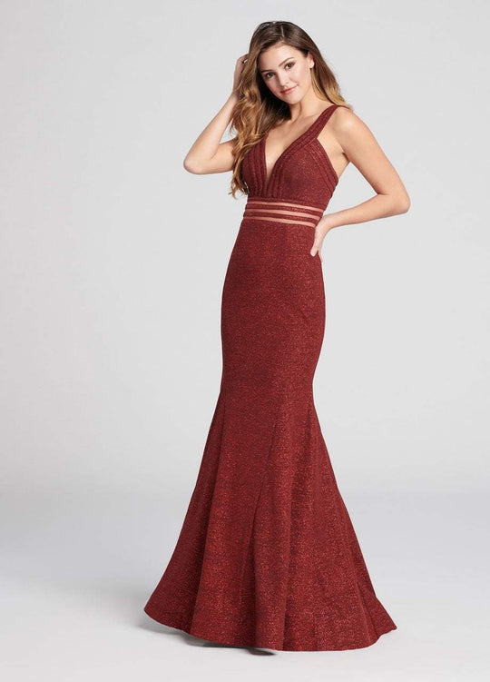 Ellie Wilde - EW21802 Plunging V-neck Sparkle Jersey Trumpet Dress in Red