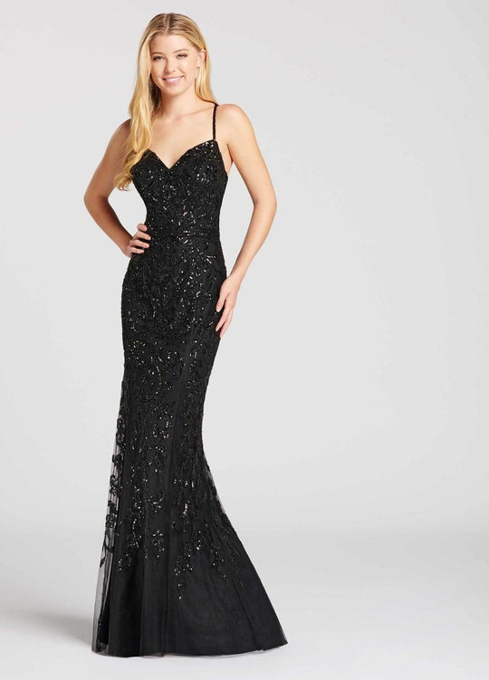 Ellie Wilde - EW118077 Sleeveless V-Neck Swirl Embellished Tulle Gown In Black
