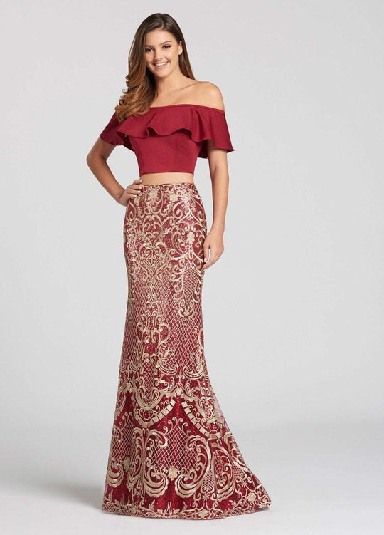 Ellie Wilde - EW118127 Flounced Off-Shoulder Embroidered Tulle Gown In Red and Gold