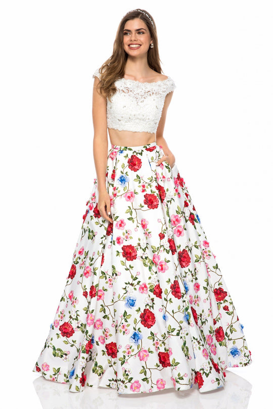Sherri Hill - 51964 Two Piece Lace Bateau Floral Print Ballgown In White and Print