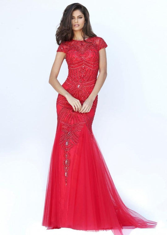 Sherri Hill - 50516 Illusion Neckline Cap Sleeve Beaded Mermaid Dress In Pink and Red