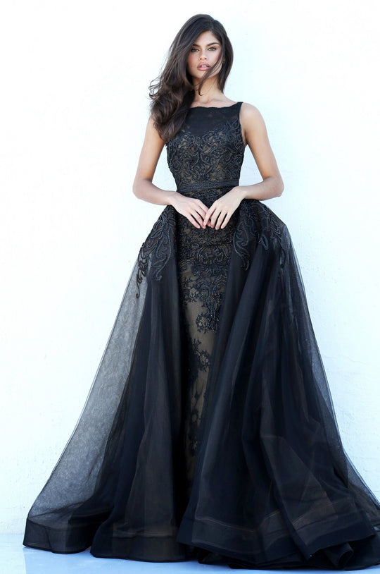 Sherri Hill - 50768 Applique Bateau Sheath Dress With Overskirt In Black