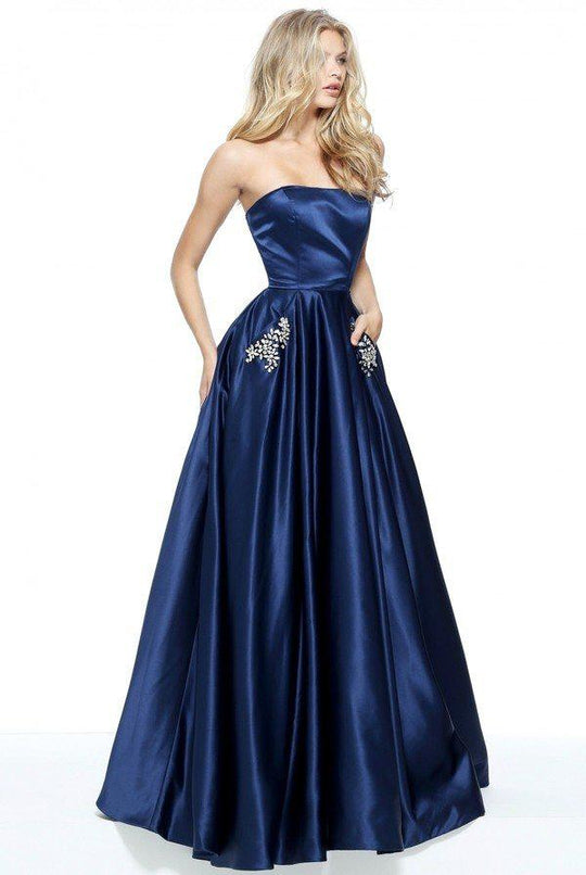 Sherri Hill - 50812 Strapless A Line Satin Dress with Beaded Pockets In Blue