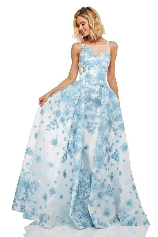 Sherri Hill - 50837 Floral Applique Pageant A Line Dress In White and Blue
