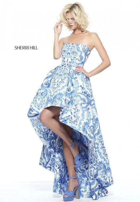 Sherri Hill - 51097 Strapless Printed High Low A-line Dress In Blue and Print