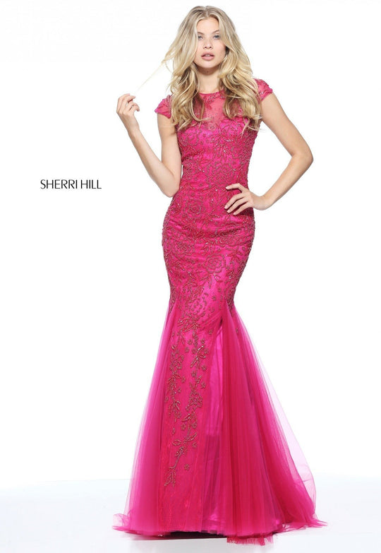 Sherri Hill - 51117 Cap Sleeved Fitted Floral Beaded Dress In Pink