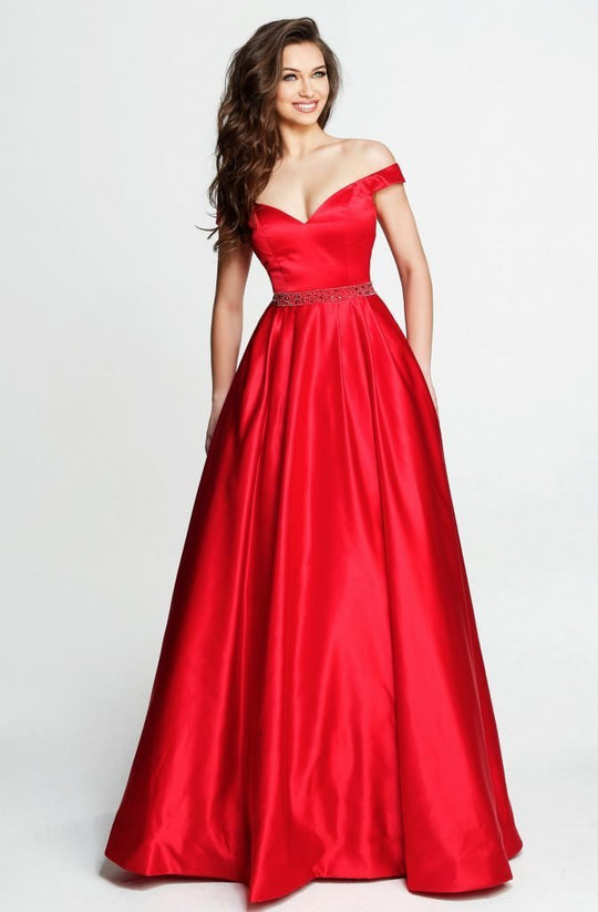 Sherri Hill - 51124 Long A Line Dress with Crystal Encrusted Belt In Red