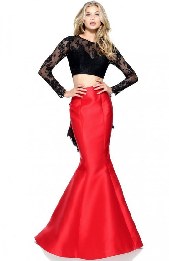 Sherri Hill - 51169 Two Piece Lace Long Sleeve Mermaid Dress In Black and Red