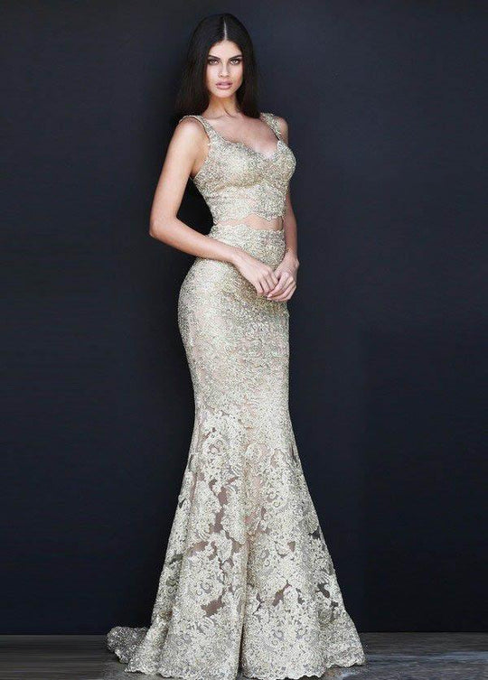 Sherri Hill - 51192 Two-Piece Metallic Lace Mermaid Dress In Gold