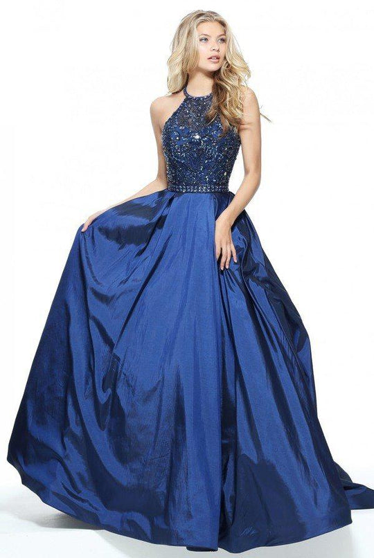 Sherri Hill - 51242 Beaded Halter Bodice Taffeta Ballgown In Blue