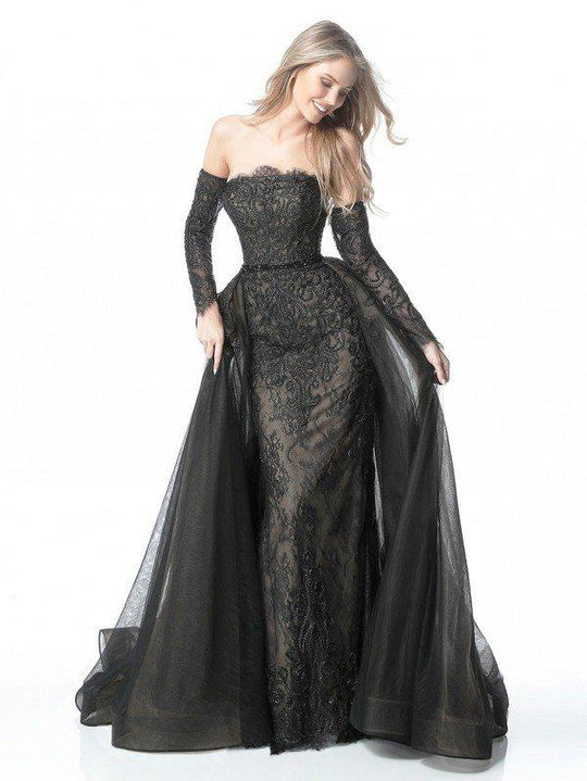 Sherri Hill - 51384 Strapless Embroidered Sheath Dress With Overskirt In Black