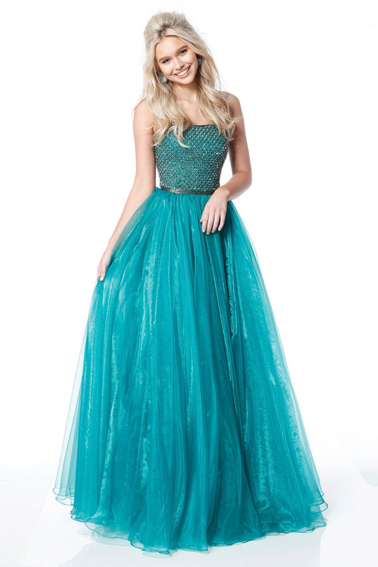 Sherri Hill - 51438 Strapless Beaded Bodice A-Line Dress In Blue and Green