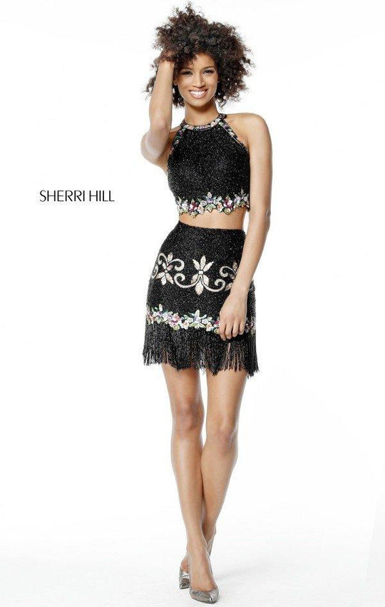 Sherri Hill - 51476 Beaded Two Piece Halter Fringe Fitted Dress In Black and Multi-Color