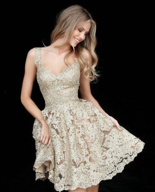 Sherri Hill - 51521 Short Sweetheart Metallic Lace A Line Dress In Gold