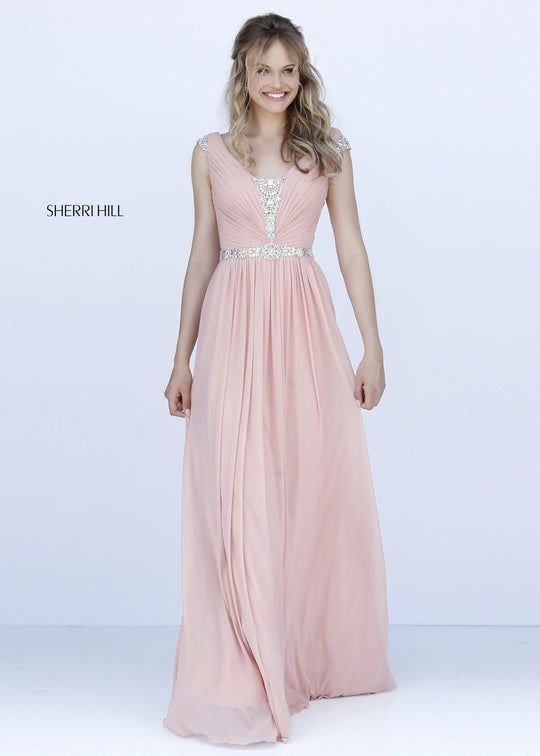 Sherri Hill - 51550 Beaded Cap Sleeve Pleated A-Line Dress In Pink