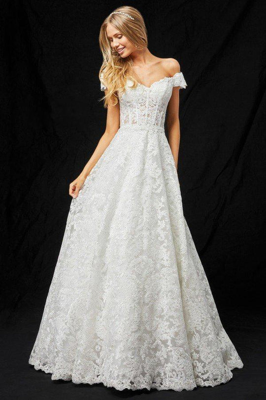 Sherri Hill - 51573 Off-Shoulder Cap Sleeve Lace Long Dress In White