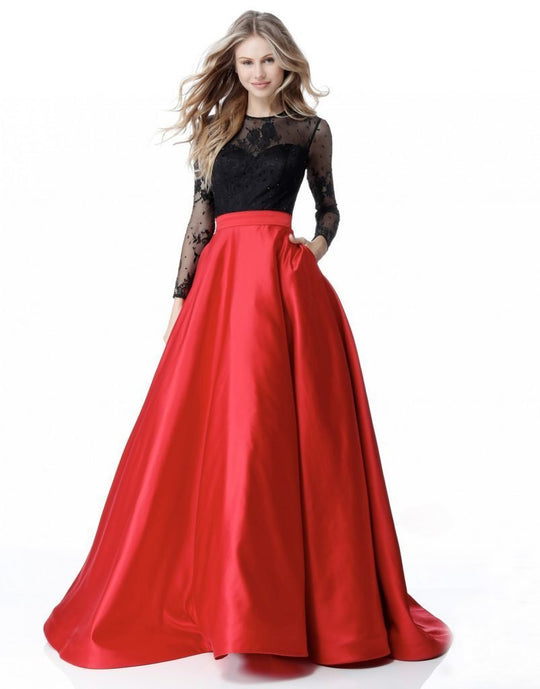 Sherri Hill - 51586 Lace Long Sleeve Satin Ballgown In Black and Red