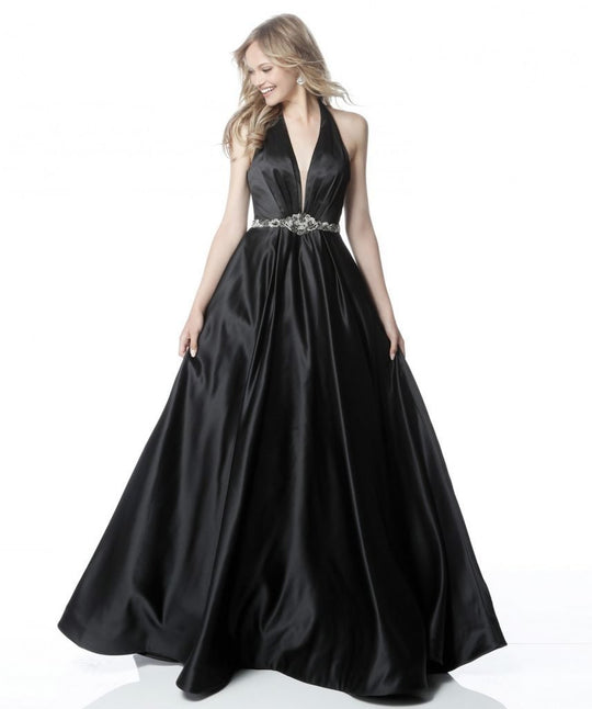 Sherri Hill - 51588 Deep V Halter Bodice Ballgown with Beaded Belt In Black