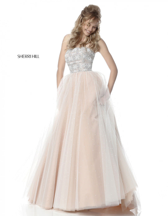 Sherri Hill - 51592 Strapless Beaded Bodice Tulle Ballgown In Neutral and White