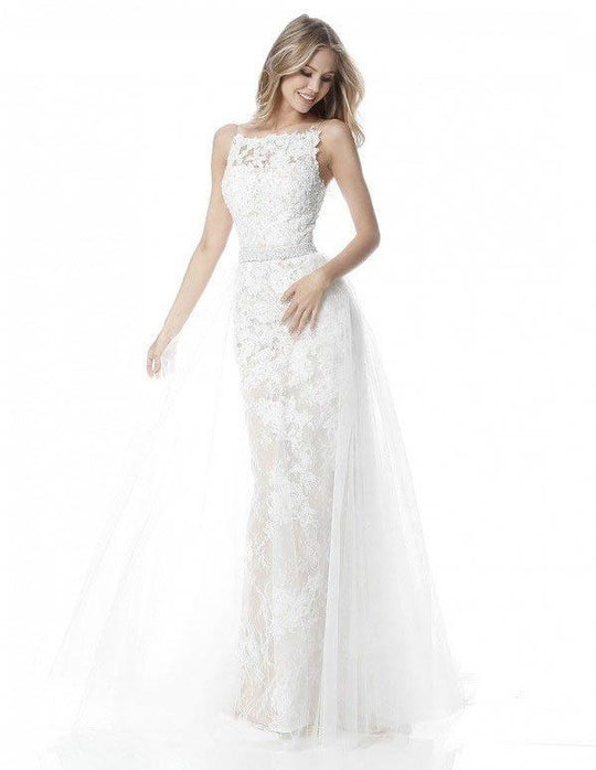 Sherri Hill - 51602 Straight Across Long Lace Dress With Overlay In White and Neutral