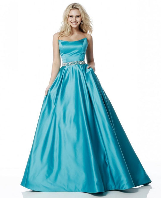 Sherri Hill - 51609 Strapless Satin Ballgown with Jewel Encrusted Belt In Blue and Green