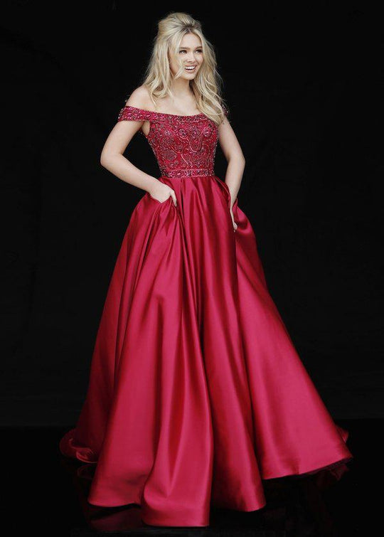 Sherri Hill - 51610 Beaded Satin Off The Shoulder Long Dress In Red
