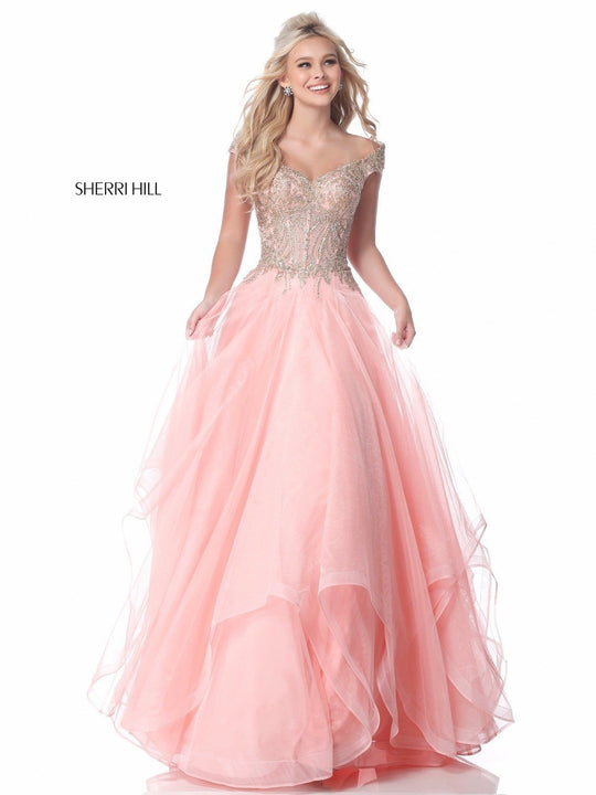 Sherri Hill - 51614 Lace Appliqued Corset Tiered A Line Dress In Pink