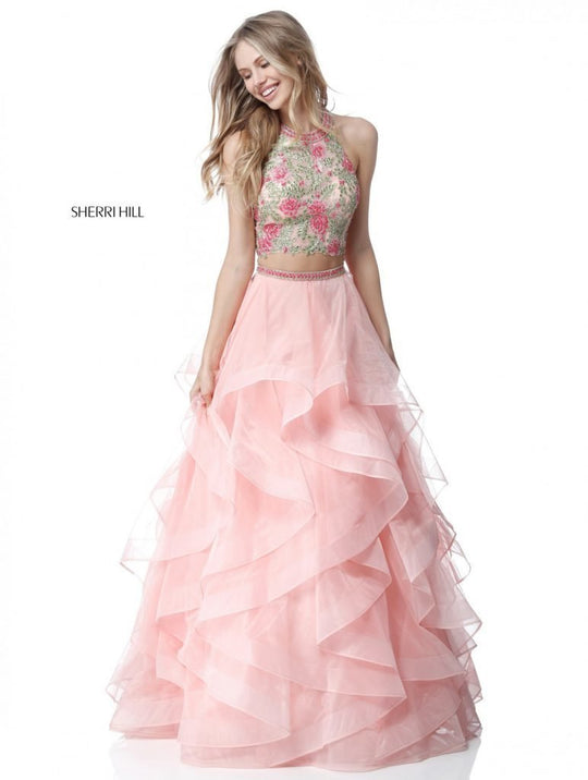 Sherri Hill - 51615 Two Piece High Halter Organza Ruffled Dress In Pink and Multi-Color