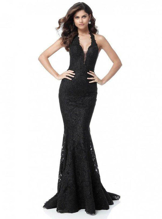 Sherri Hill - 51616 Deep Halter Metallic Lace Mermaid Gown In Black