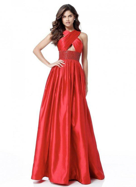 Sherri Hill - 51621 Criss Cross Halter Neck Satin Evening Gown In Red