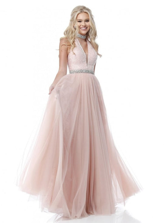 Sherri Hill - 51637 Sequined Deep Halter V-neck Chiffon A-line Dress In Pink
