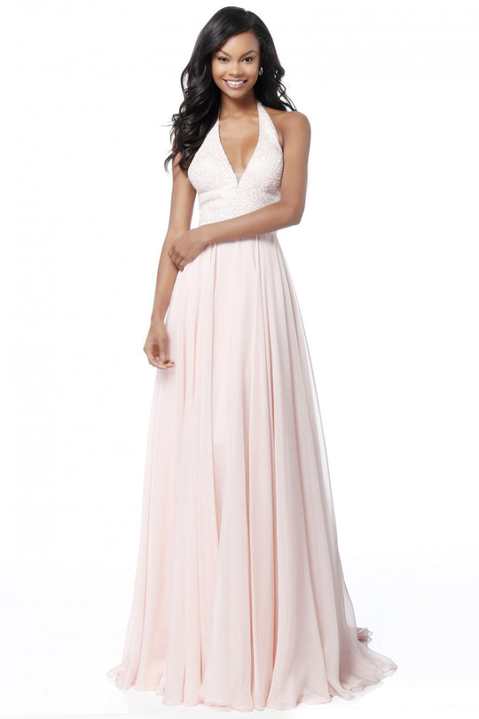 Sherri Hill - 51640 Beaded Deep Halter V-neck Chiffon A-line Dress In Pink