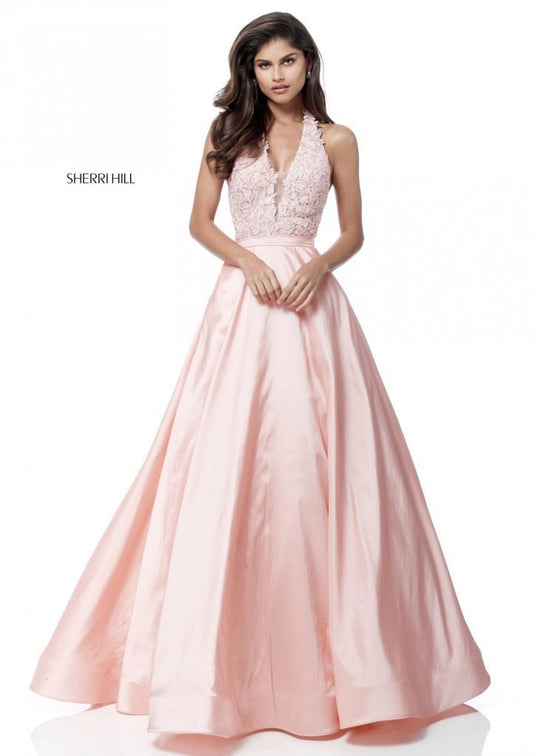 Sherri Hill - 51643 Lace Ornate Halter V Neck Taffeta Ballgown In Pink
