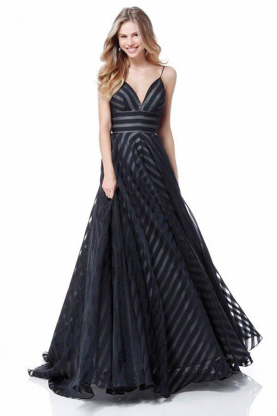 Sherri Hill - 51644 Striped V-Neck A-Line Gown With Train In Black