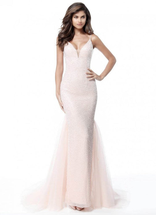 Sherri Hill - 51645 Beaded Deep V-Neck Sheath Dress With Tulle Train In Pink