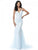Sherri Hill - 51645 Beaded Deep V-Neck Sheath Dress With Tulle Train In Blue