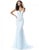 Sherri Hill - 51645 Beaded Deep V-Neck Sheath Dress With Tulle Train In Blue