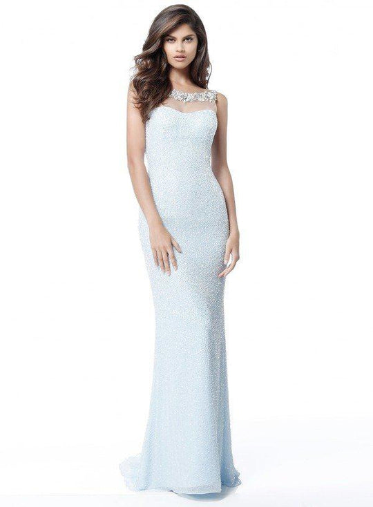 Sherri Hill - 51654 Beaded Bateau Sheath Dress With Train In Blue
