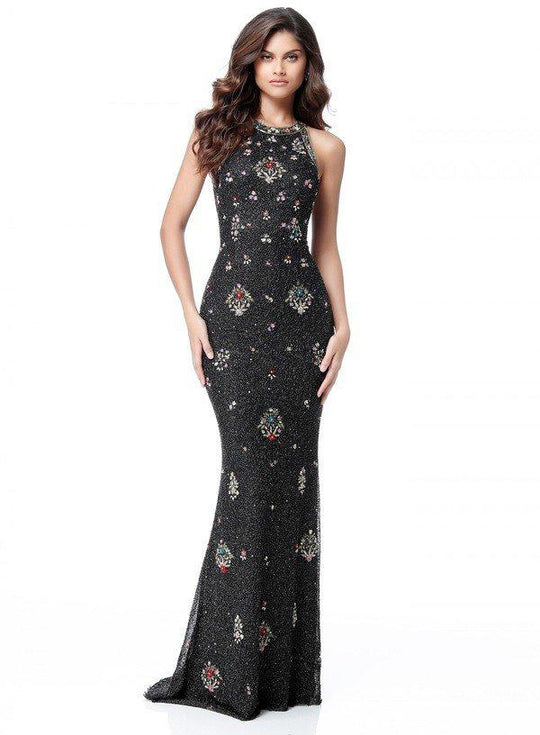Sherri Hill - 51661 Beaded Halter Trumpet Dress With Train In Black and Multi-Color