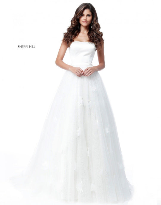Sherri Hill - 51672 Strapless Floral Appliqued Glitter A Line Dress In White